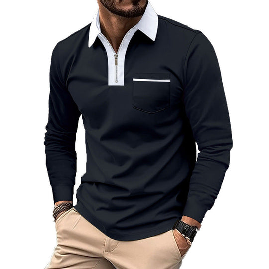 Herren nan elegantes Langarm-Poloshirt mit markantem Stehkragen Metall-Kurzreißverschluss und Brustleistentasche