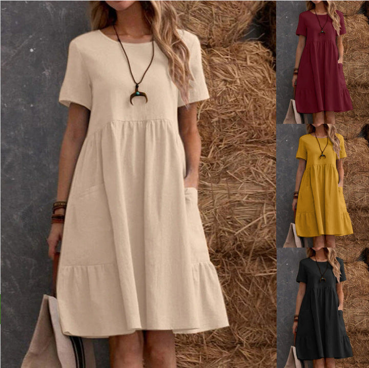 Damen Lockeres Baumwollkleid mit Taschen und Volant