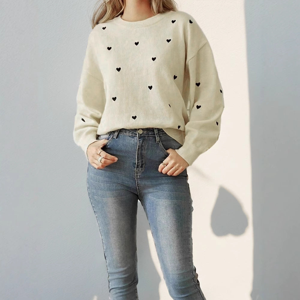 Damen Lockerer Feinstrickpullover mit Herzchen-Allover, Rundhalsausschnitt und elastischem Saum Nord Taschen