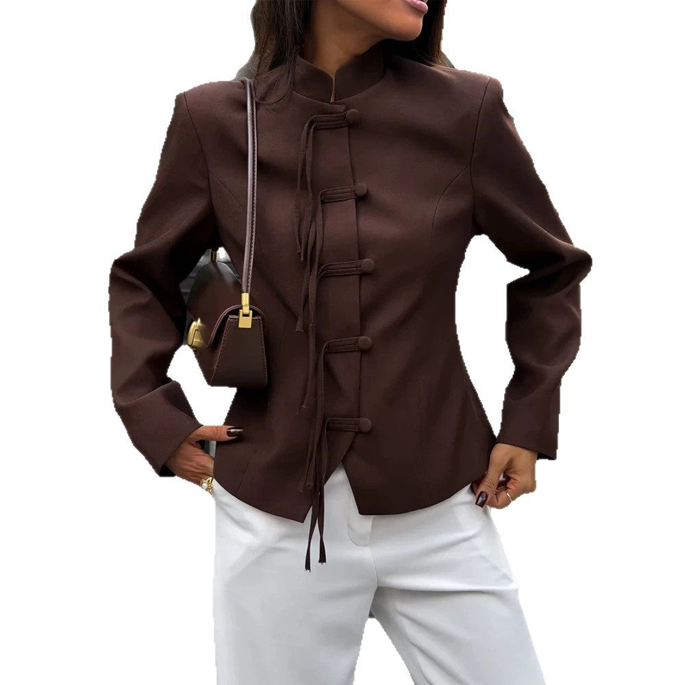 Damen Taillierte Jacke mit Stehkragen, chinesischen Knotenverschlüssen und leichtem Cropped-Schnitt Nord Taschen