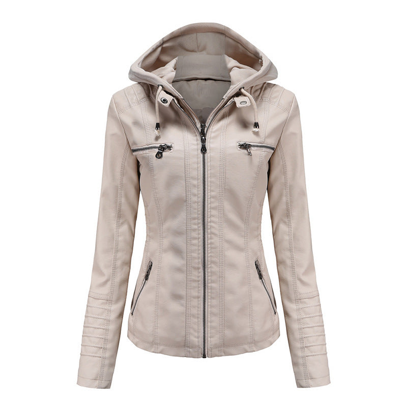 Damen Taillierte Kunstlederjacke mit abnehmbarer Kapuze und Reißverschluss Nord Taschen