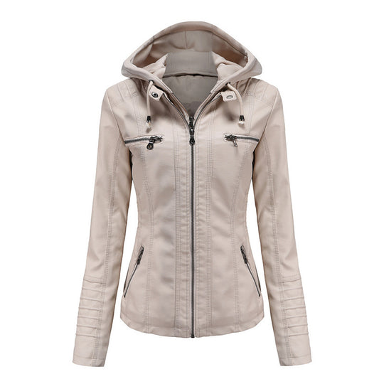 Damen Taillierte Kunstlederjacke mit abnehmbarer Kapuze und Reißverschluss Nord Taschen