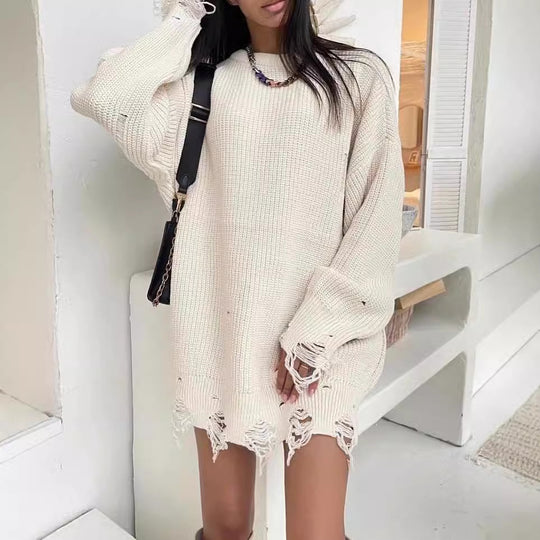 Damen Oversized Strickkleid mit Destroyed-Saum und Ballonärmeln Nord Taschen