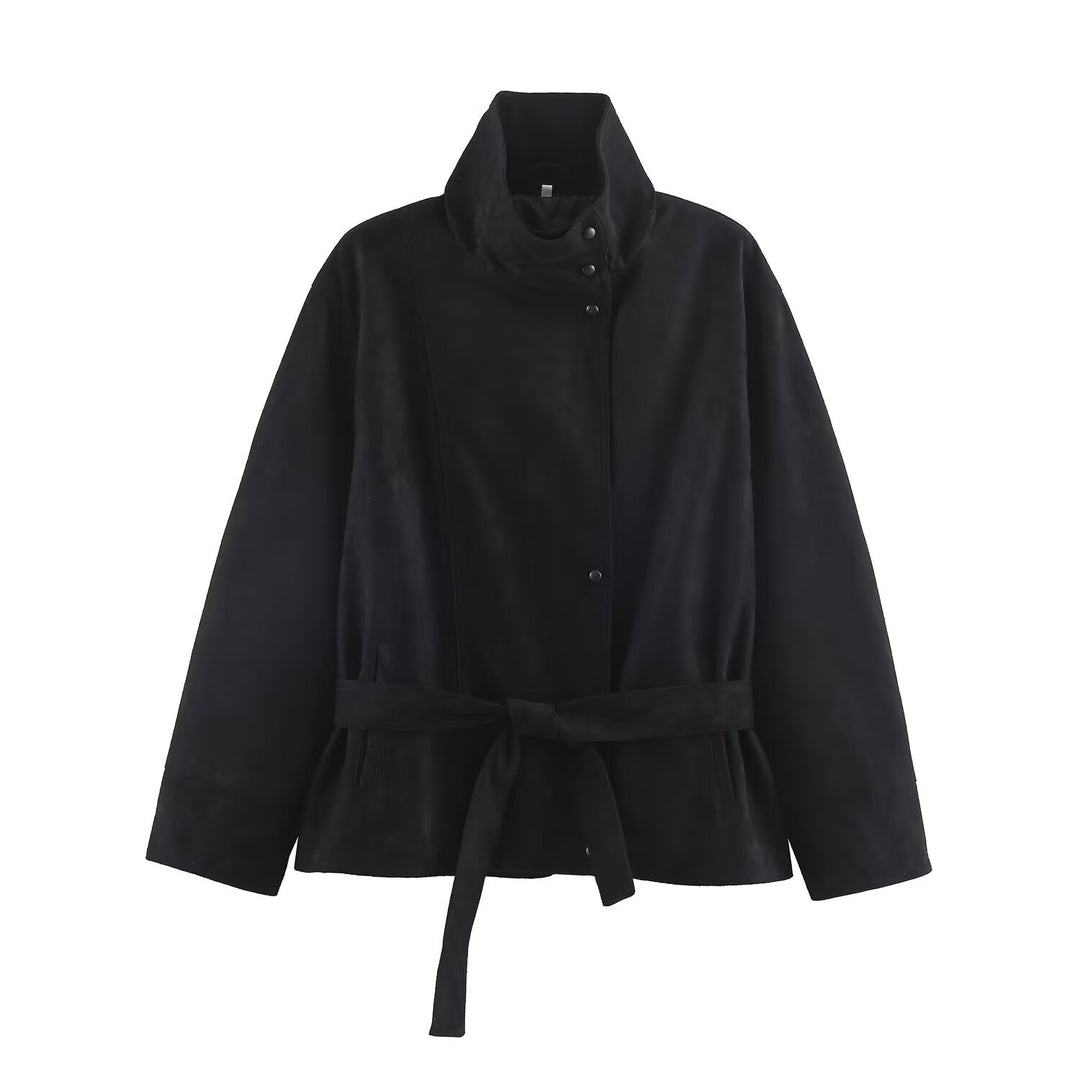 Damen Kurzjacke aus Velourslederoptik mit Stehkragen und Bindegürtel Nord Taschen