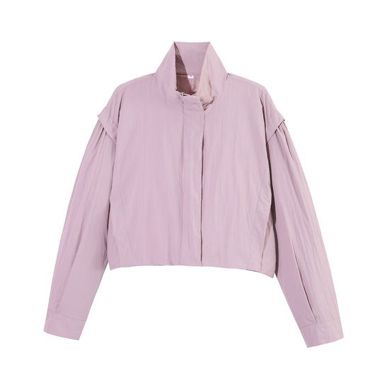 Damen Kurze Cropped-Übergangsjacke mit Stehkragen, geraffter Schulterpasse und Ballonärmeln Nord Taschen