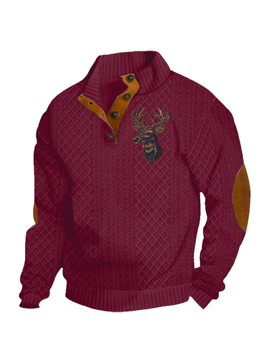 Herren nan Heritage-Strukturpullover mit Stehkragen Lederimitat-Besatz Ellenbogen-Patches und Halbknopfleiste