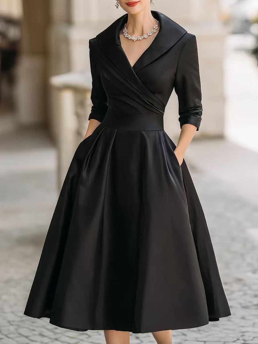 Damen Elegantes Satin-Midikleid mit Wickeloberteil, mittellangen Ärmeln und Eingrifftaschen Nord Taschen