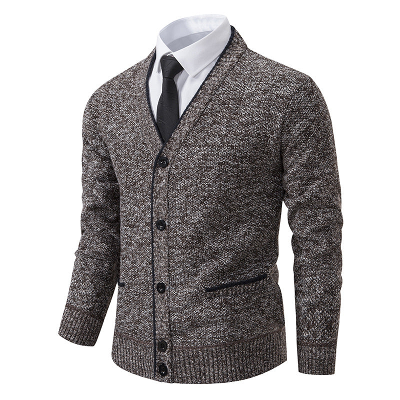 Herren melierter Strukturstrick-Cardigan mit V-Ausschnitt, Kontrastkanten und aufgesetzten Taschen Nord Taschen