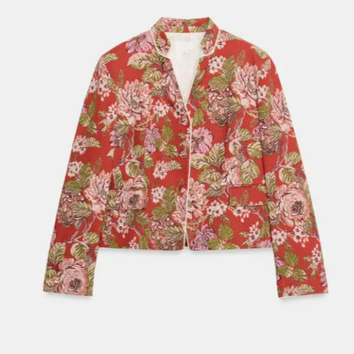 Damen Cropped Jacquard‑Blouson mit Mandarinkragen und floraler Brokatstruktur Nord Taschen