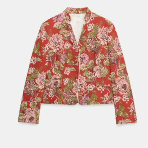 Damen Cropped Jacquard‑Blouson mit Mandarinkragen und floraler Brokatstruktur Nord Taschen