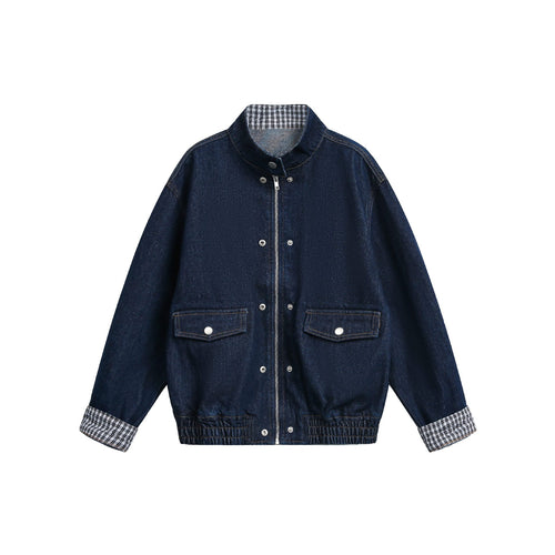 Damen Oversize-Denimjacke mit Stehkragen und Karo-Futter Nord Taschen