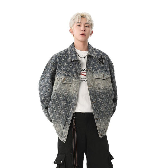 Herren Oversized Denim‑Hemdjacke mit grafischem Patchmuster und Brusttaschen Nord Taschen