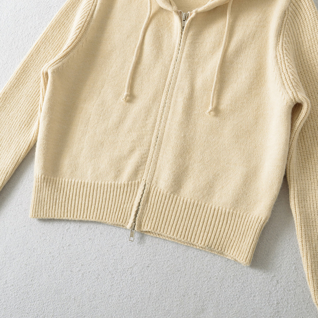 Damen Kurze Kapuzen-Strickjacke mit Reißverschluss und tailliertem Rippenbund Nord Taschen
