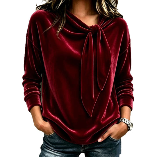 Damen Drapiertes Velours-Sweatshirt mit Knotenschalkragen Nord Taschen
