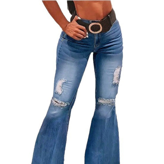 Damen hochgeschnittene Schlaghose aus Stretch-Denim mit ausgestelltem Bein, Knie-Rips und ausgefranstem Saum Nord Taschen