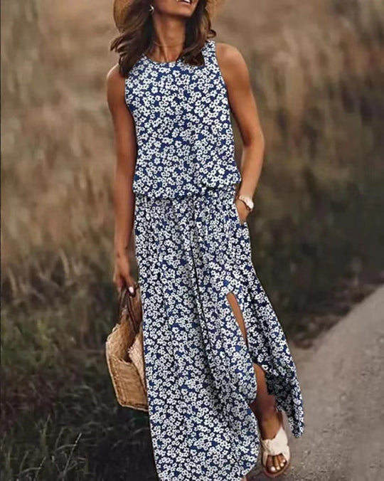 Damen Maxikleid mit floralem Schnitt und bequemen Taschen