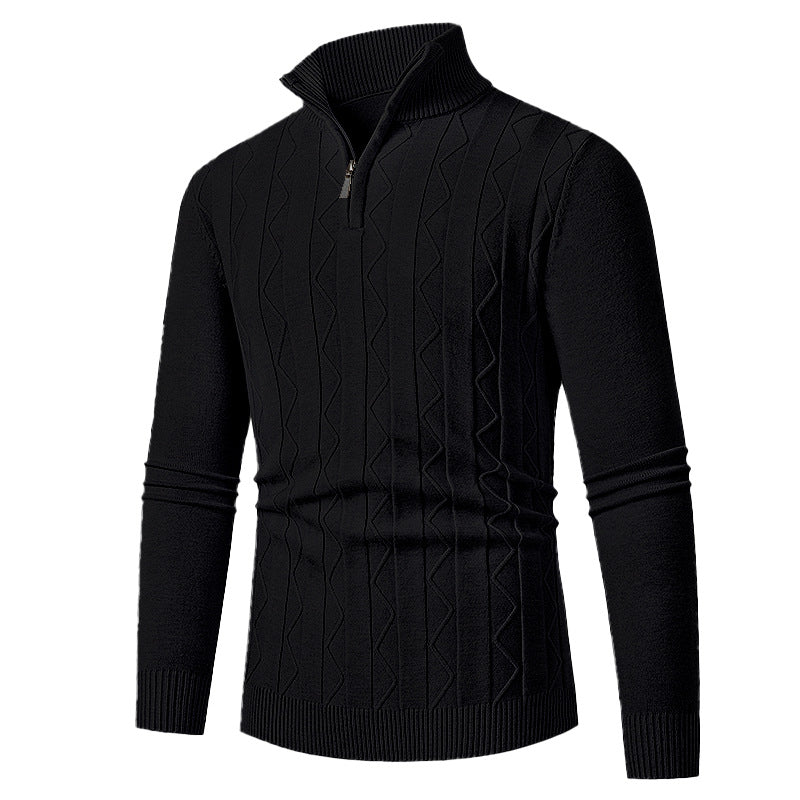 Herren Feinstrick-Halbzip-Pullover mit Zopfmuster und Stehkragen Nord Taschen