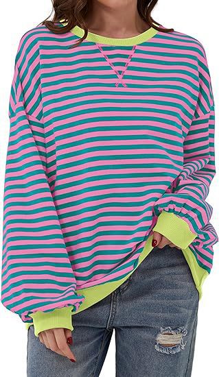 Damen Gestreifter Oversize Pullover mit Kontrastbündchen Nord Taschen