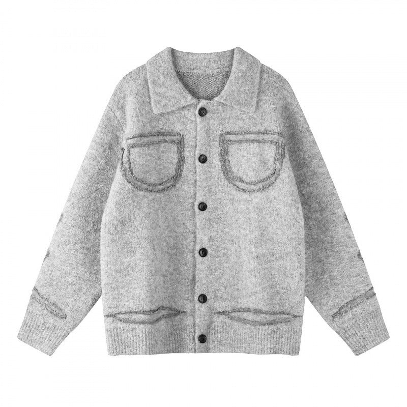 Unisex Oversize Strickjacke im Hemdjacken-Look mit Kragen, aufgesetzten Brusttaschen und Fransenbesatz Nord Taschen