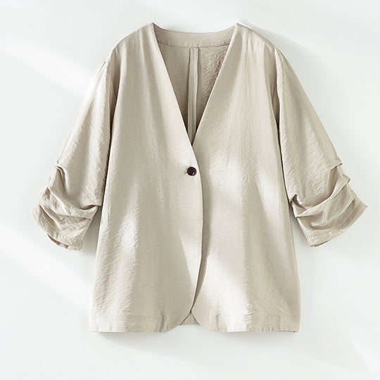 Damen Leichter Oversize-Blazer mit tiefem V-Ausschnitt und gekräuselten Ärmeln Nord Taschen