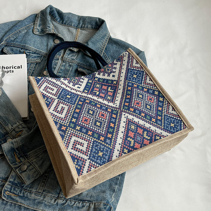 Damen Jute-Tragetasche mit farbenfrohem, geometrischem Muster Nord Taschen