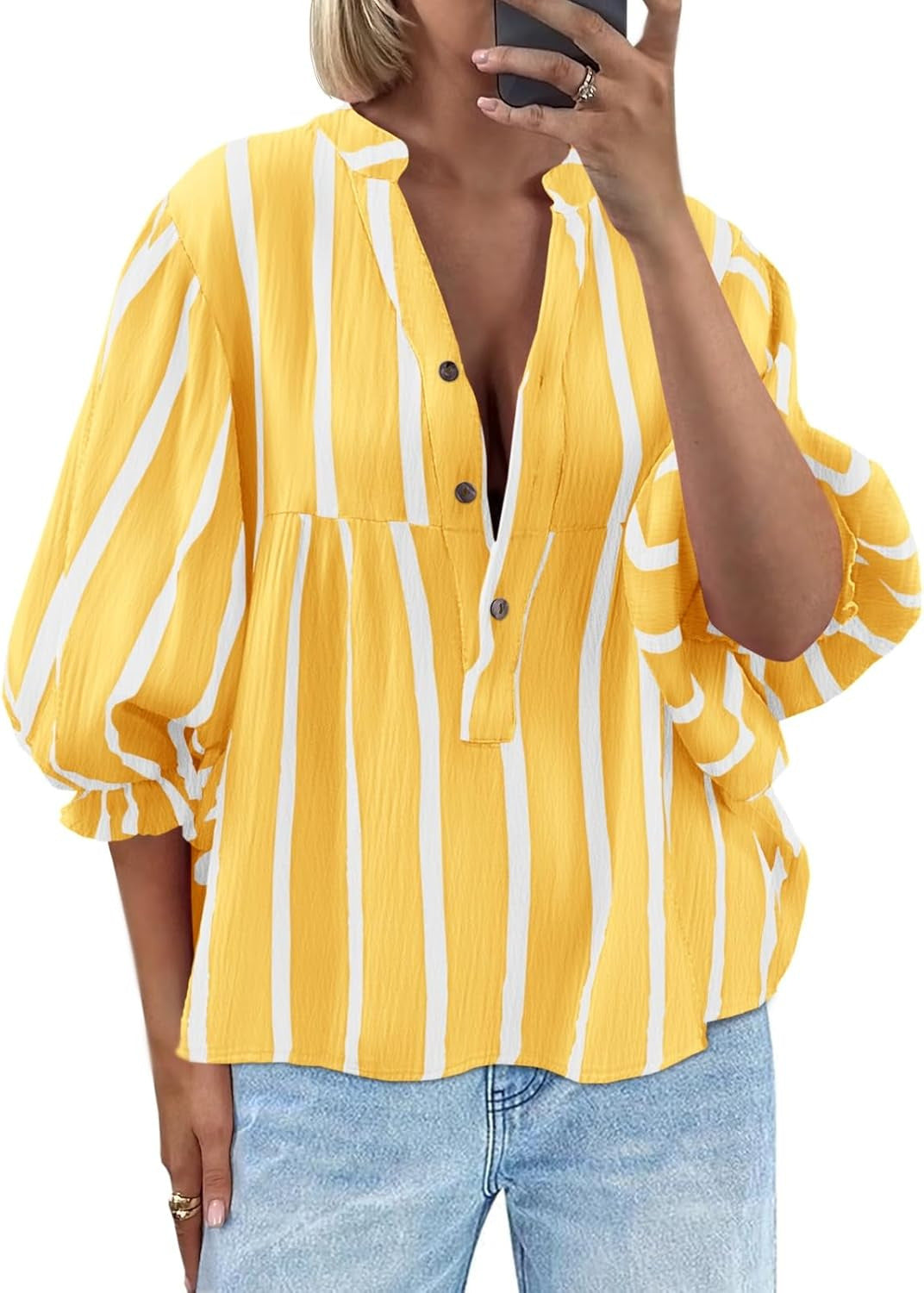 Damen oversize Bluse mit Streifenmuster und Knopfleiste