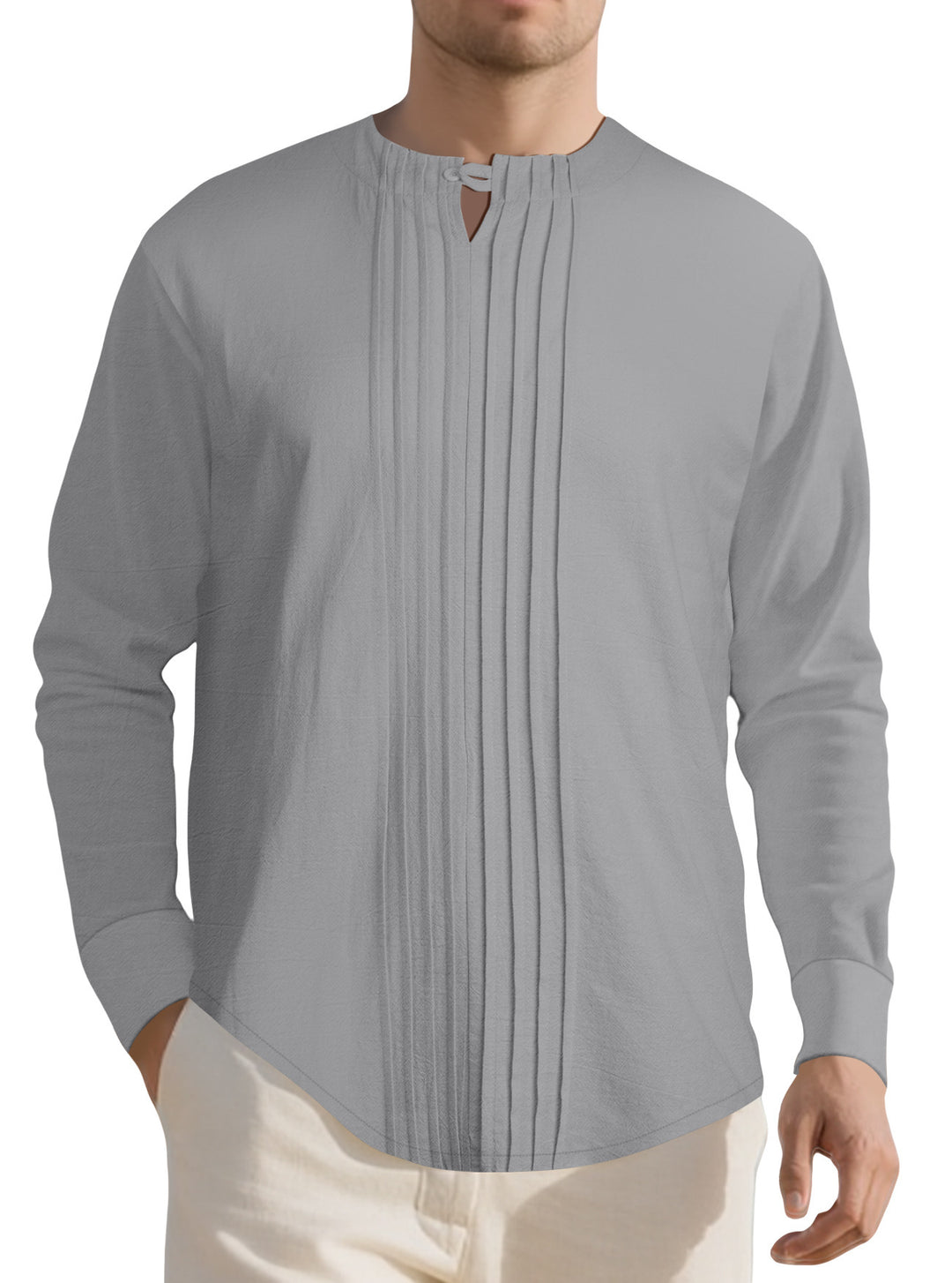 Herren Leichtes Langarmshirt im Leinenlook mit Stehkragen, Kellerfalten und Schlaufenverschluss Nord Taschen