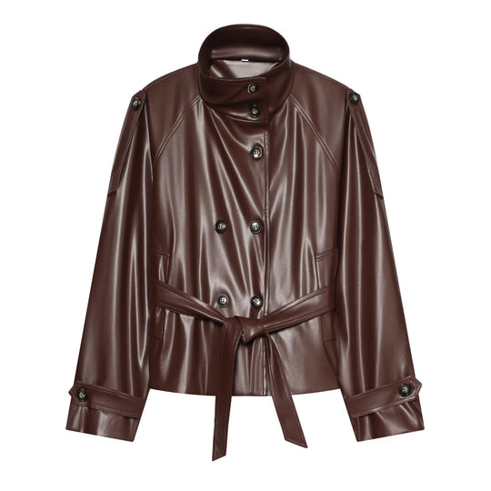 Damen Kurzer Trench‑Blouson in Lederoptik mit Taillengürtel, hohem Stehkragen und doppelter Knopfleiste Nord Taschen