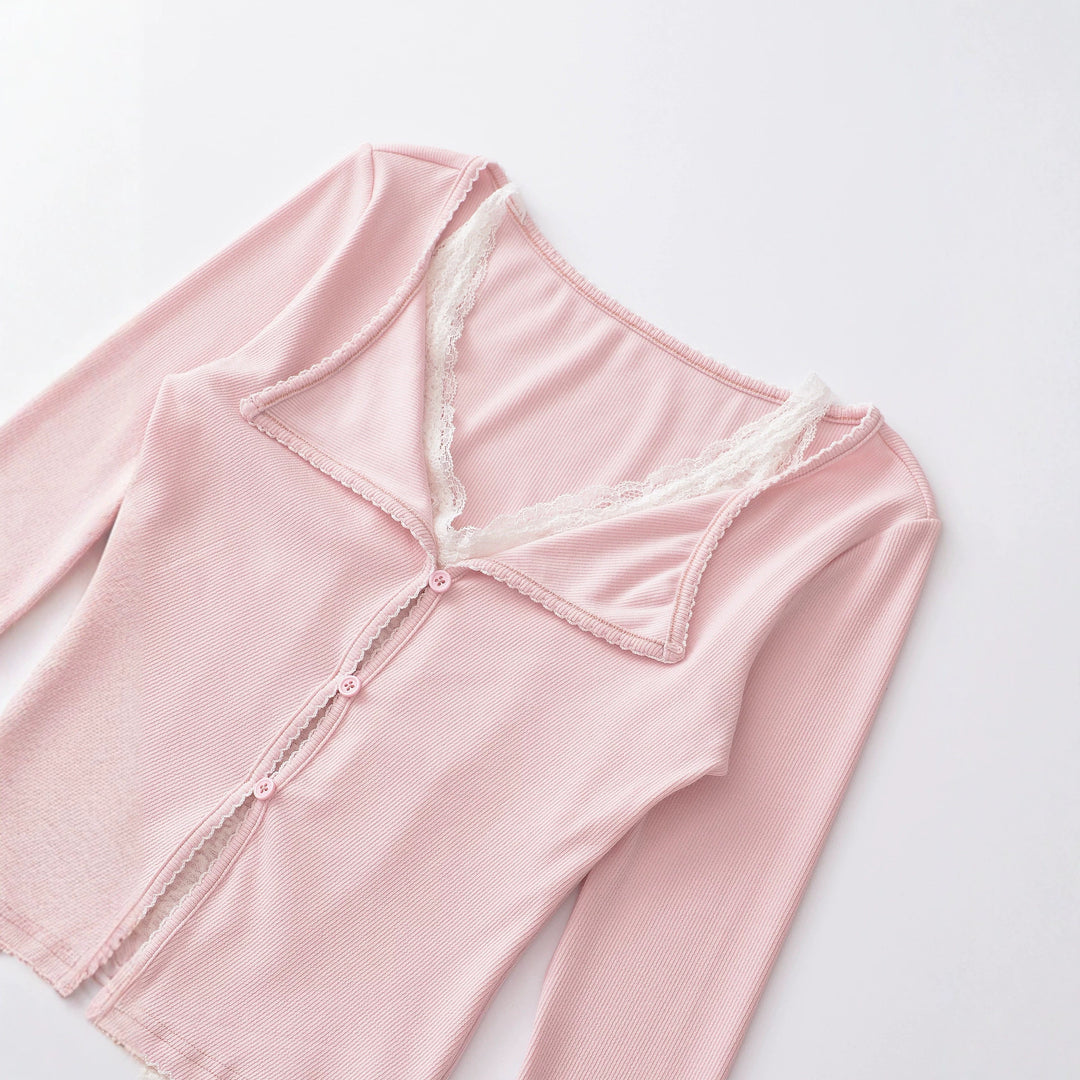 Damen Taillierter Buttoncardigan mit Spitzenbesatz und ausgestellten Ärmeln Nord Taschen