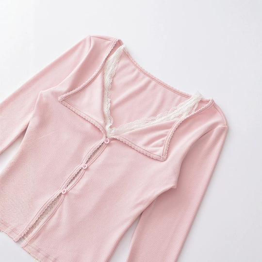 Damen Taillierter Buttoncardigan mit Spitzenbesatz und ausgestellten Ärmeln Nord Taschen