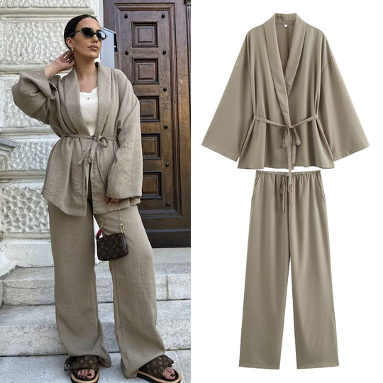 Damen Kimono-Jacke mit Wickelgürtel, weitem Schnitt und Schalkragen Nord Taschen