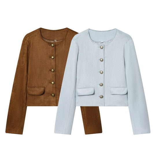Damen Taillierte Cropped‑Bouclé‑Jacke mit Zierknopfleiste und Pattentaschen Nord Taschen