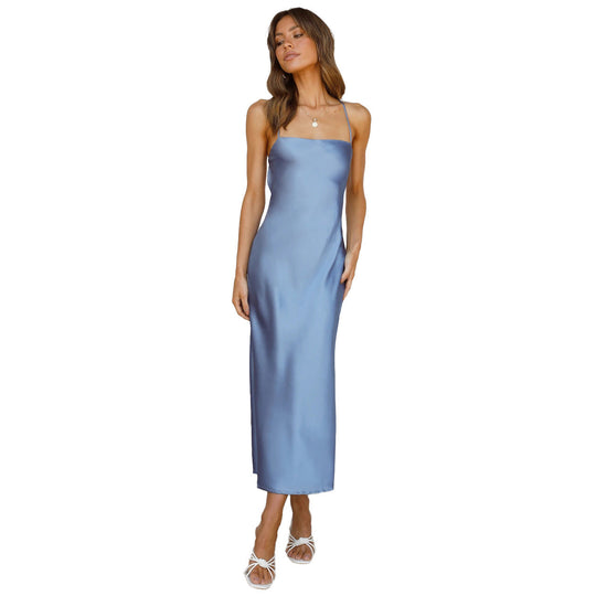 Damen Satinmaxikleid mit Schmalem Schnitt und Spaghettiträgern Nord Taschen