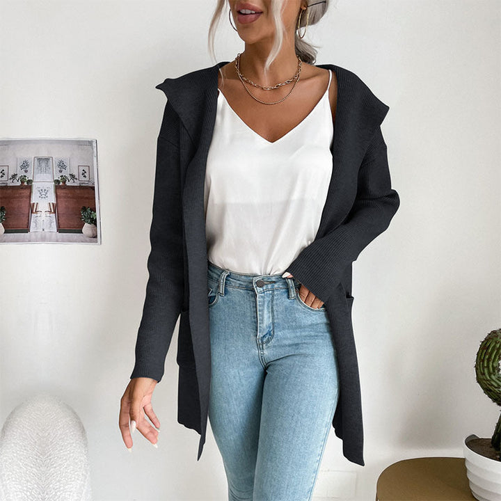 Damen Langärmlige Strickjacke mit Kapuze und seitlichen Taschen