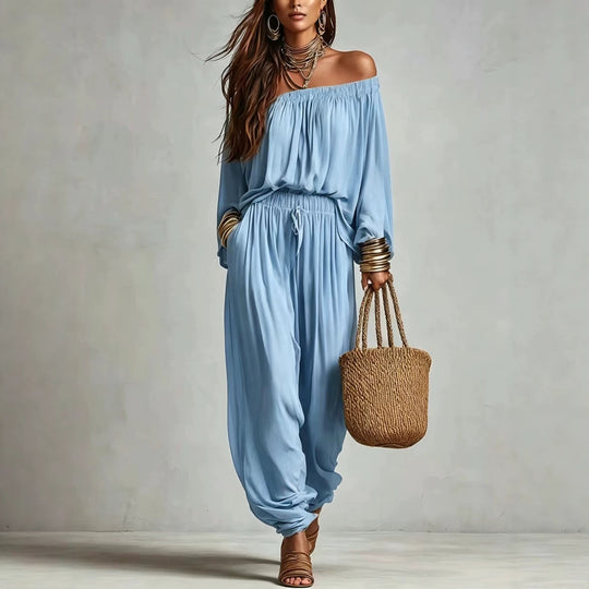 Damen Off-Shoulder Jumpsuit mit elastischem Taillenbund und weitem Plissee-Hosenbein Nord Taschen
