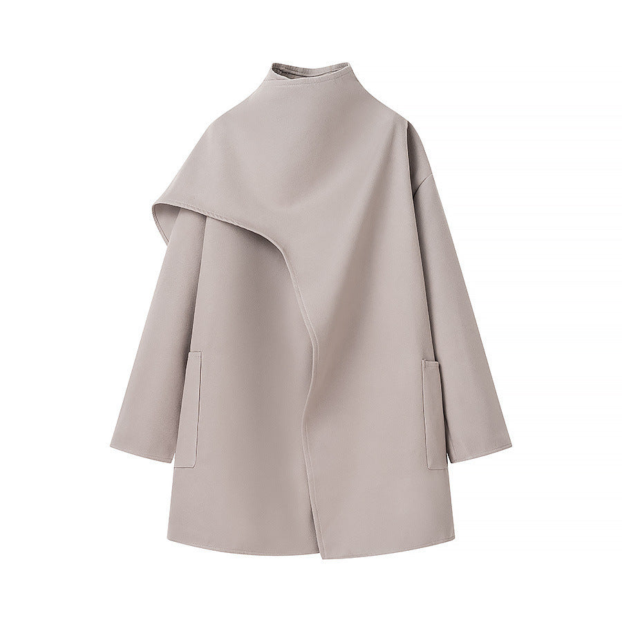 Damen Asymmetrischer Wollmix-Mantel mit Cape-Überwurf und Stehkragen Nord Taschen
