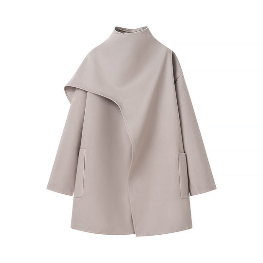 Damen Asymmetrischer Wollmix-Mantel mit Cape-Überwurf und Stehkragen Nord Taschen