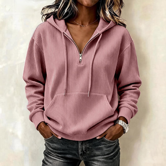 Damen Gestrickter Ripp-Hoodie mit halbem Reißverschluss, Kängurutasche und Oversize-Schnitt Nord Taschen