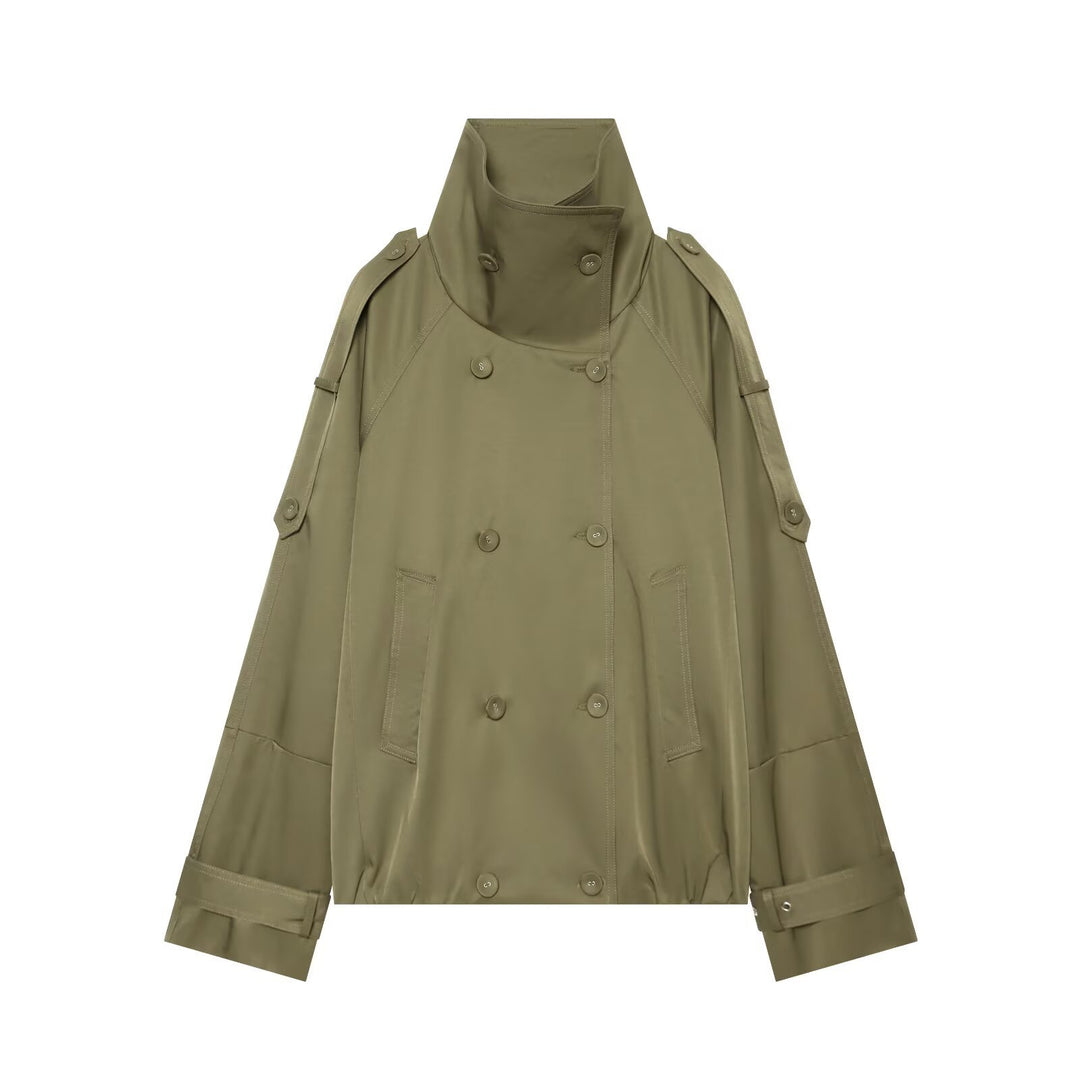 Damen Kurzgeschnittener Doppelreihiger Trenchcoat mit hohem Stehkragen und Cape-Ärmeln Nord Taschen