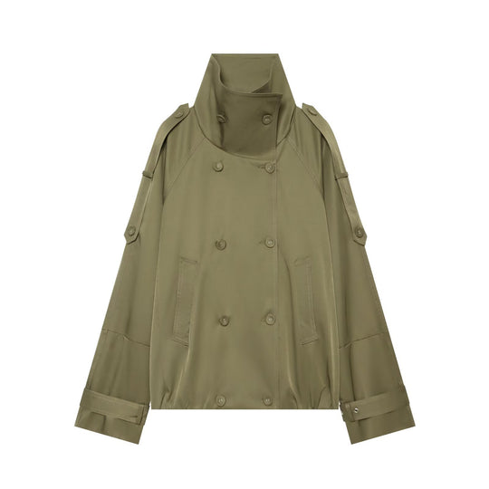 Damen Kurzgeschnittener Doppelreihiger Trenchcoat mit hohem Stehkragen und Cape-Ärmeln Nord Taschen