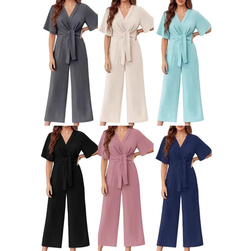 Damen eleganter Wickel-Jumpsuit mit weiten Beinen und Taillengürtel