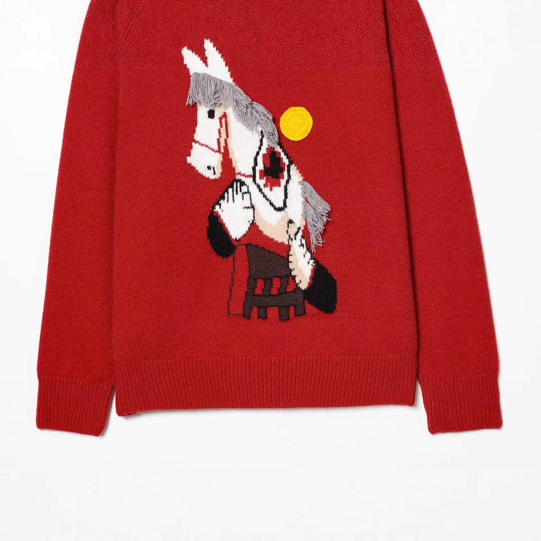 Damen Strickpullover mit Pferde-Motiv und Fransenapplikation, Oversize-Rundhals Nord Taschen