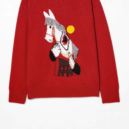 Damen Strickpullover mit Pferde-Motiv und Fransenapplikation, Oversize-Rundhals Nord Taschen