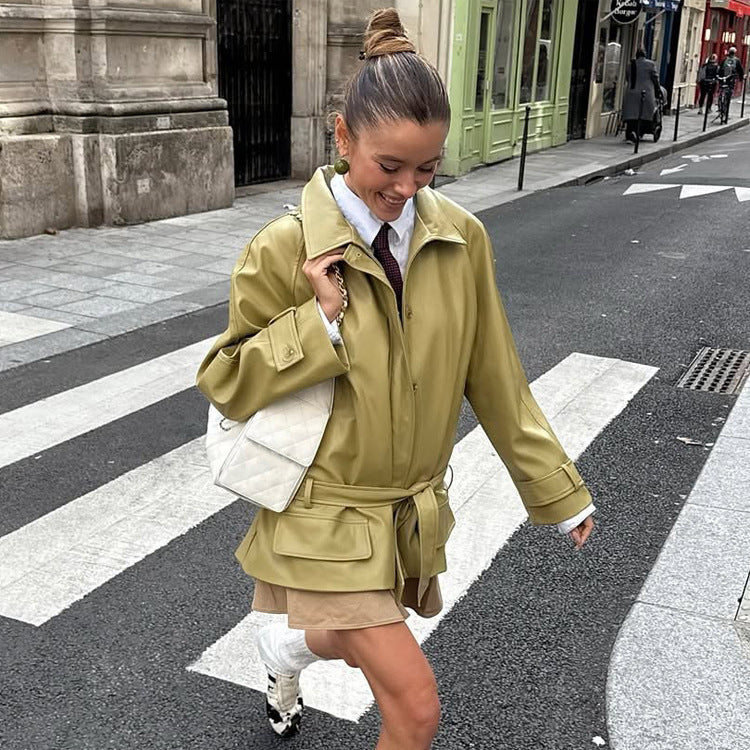 Damen Oversize Lederimitat-Jacke mit Taillengürtel und aufgesetzten Taschen Nord Taschen
