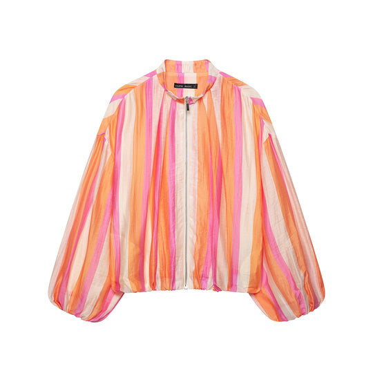 Damen Leichte gestreifte Cropped-Bomberjacke aus transparentem Crêpe mit Ballonärmeln Nord Taschen