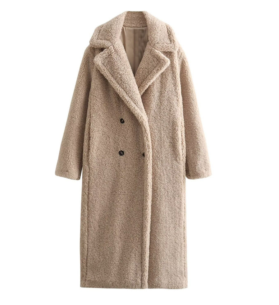 Damen 900+ langer Teddy‑Mantel im Oversize‑Cut mit Doppelreihe, Reverskragen und wärmender Innenfutter Nord Taschen