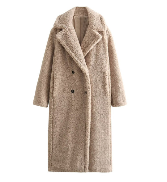 Damen 900+ langer Teddy‑Mantel im Oversize‑Cut mit Doppelreihe, Reverskragen und wärmender Innenfutter Nord Taschen