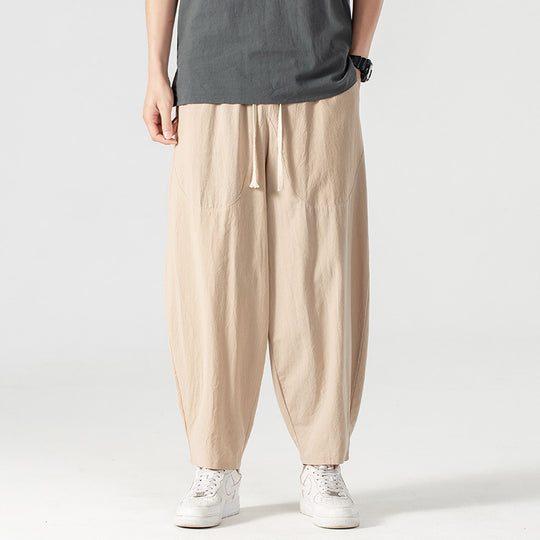 Herren Lässige Leinen-Baumwoll-Hose mit weitem Bein, Kordelzug und aufgesetzten Taschen Nord Taschen