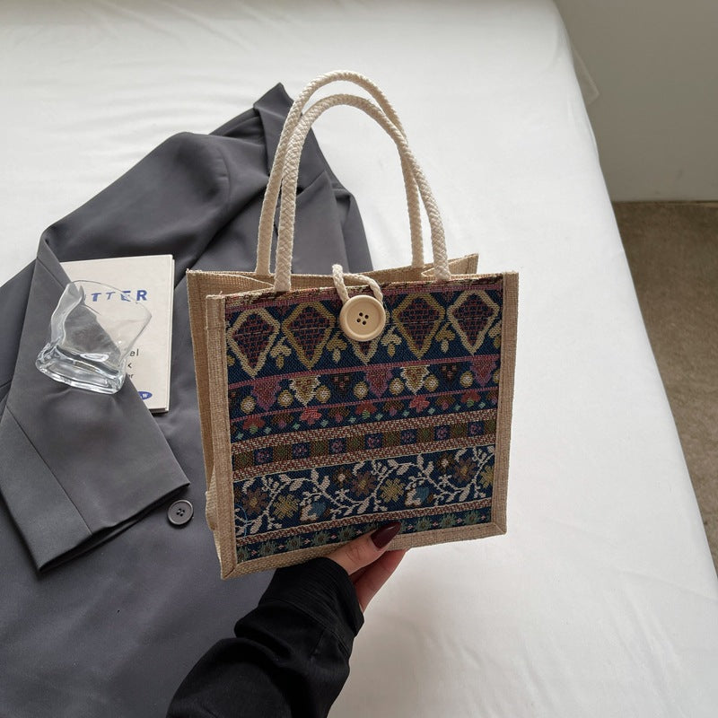 Damen Jute-Handtasche mit handgewebtem Ethnodruck Nord Taschen