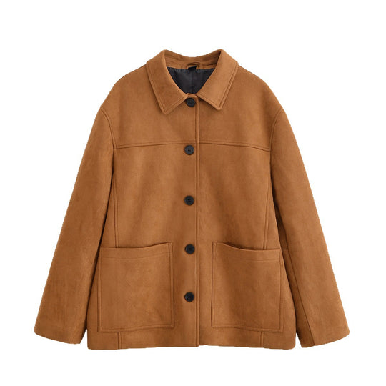 Damen Boxy-Utility-Jacke aus Wildlederoptik mit Hemdkragen und großen aufgesetzten Taschen Nord Taschen